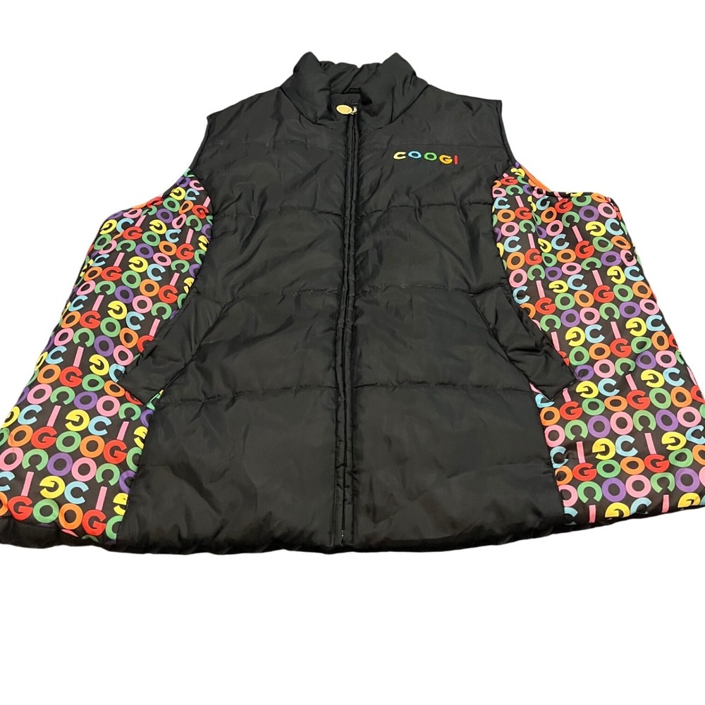 Coogi Puffer Vest Unisex 4X Black Rainbow Logo Print Zip Up Sleeveless Jacket